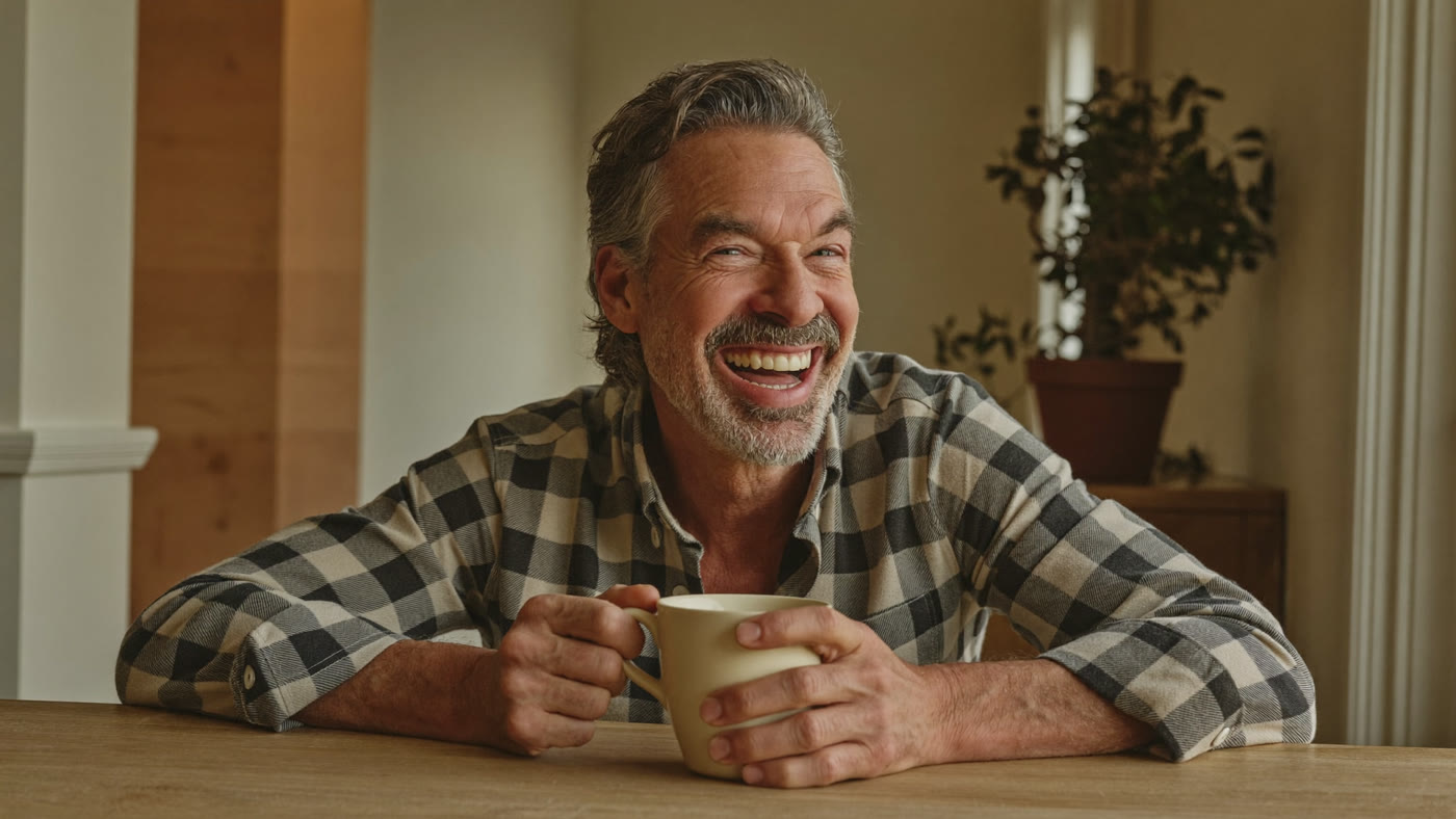 A relaxed man laughing over a cup of tea at his kitchen table