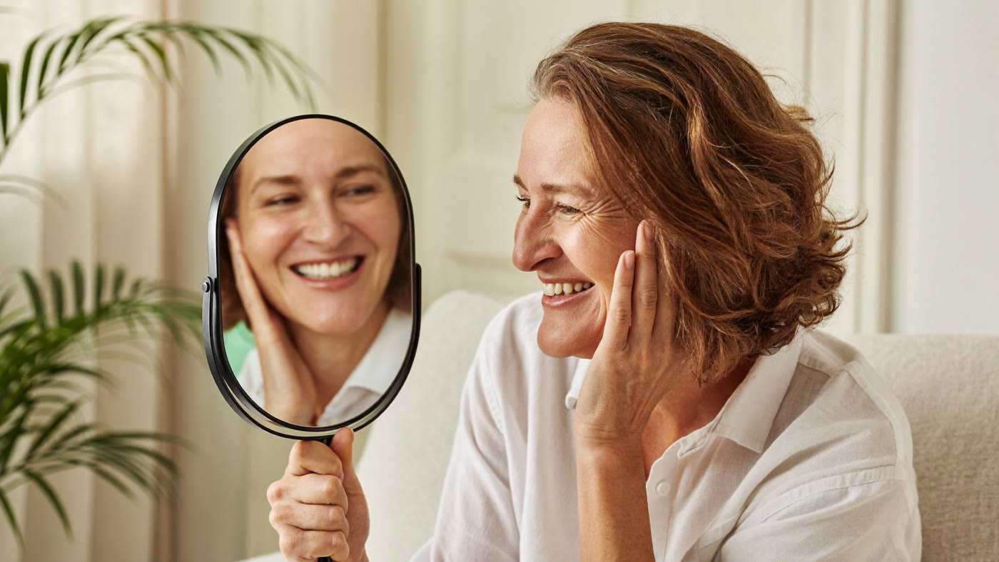 A woman admiring her smile in a hand mirror at home