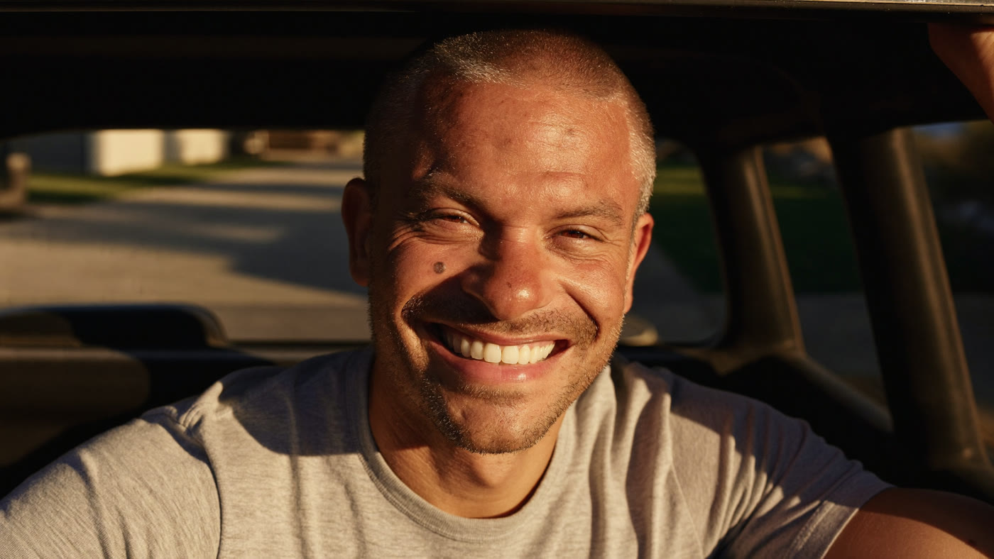 A tradesman grinning confidently beside his ute